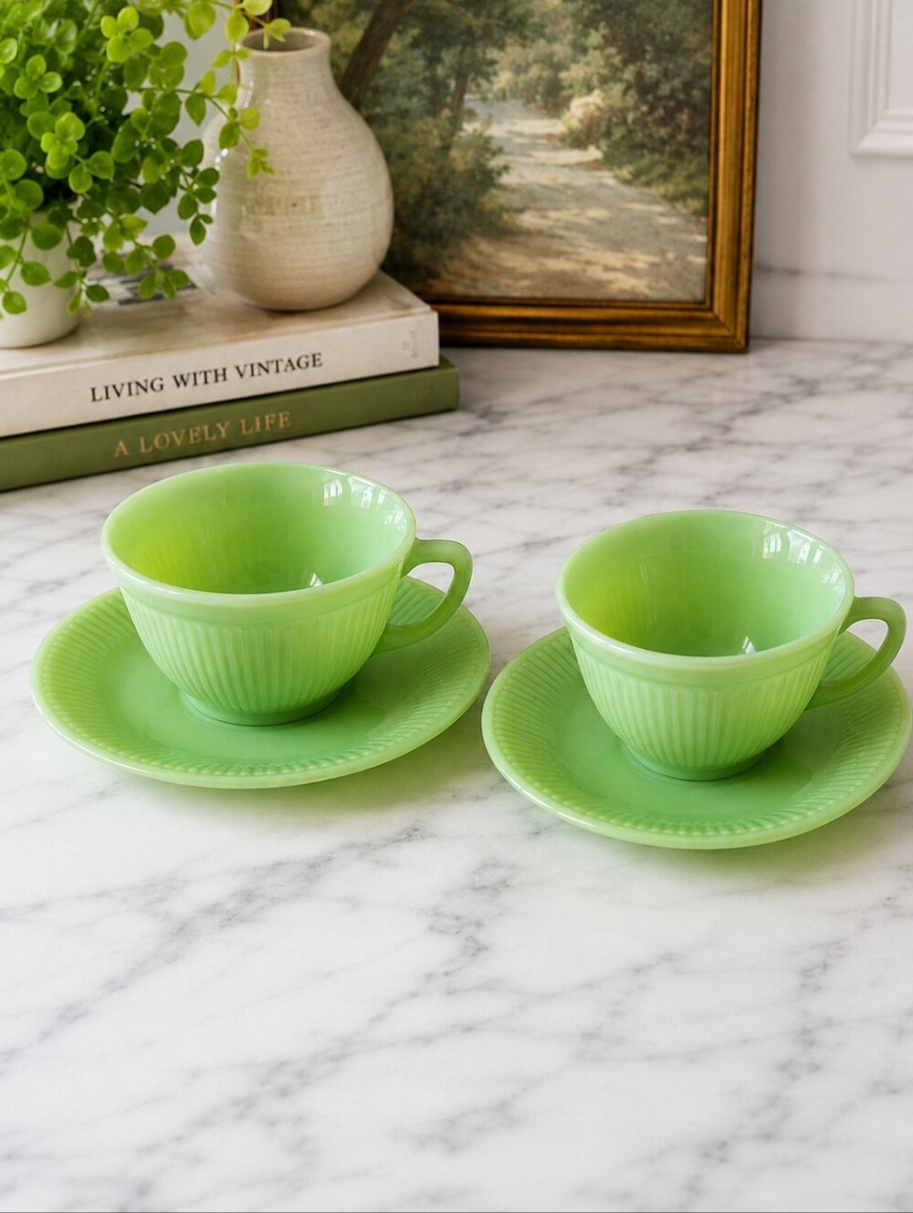 Fire King Jane Ray Jadeite Cup & Saucer Set of 2 Vintage USA Green Milk Glass